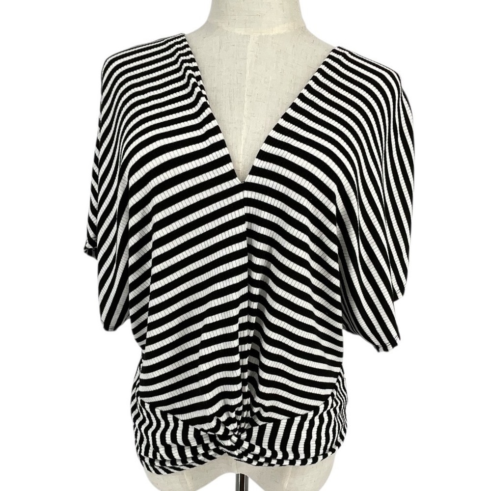 Lucky Brand Black White Stripe Dolman Sleeve Twist Front V Neck Top Womens XS‎